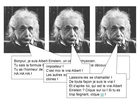 Bonjour, je suis Albert Einstein, un célèbre physicien.