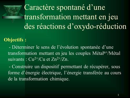 Caractère spontané d’une transformation mettant en jeu des réactions d’oxydo-réduction Objectifs : - Déterminer le sens de l’évolution spontanée d’une.