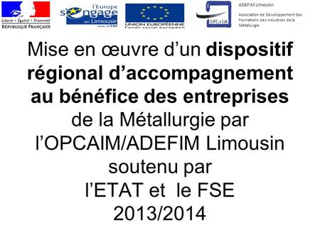 ADEFIM Limousin Association de Développement des Formations des Industries de la Métallurgie Mise en œuvre d’un dispositif régional d’accompagnement.