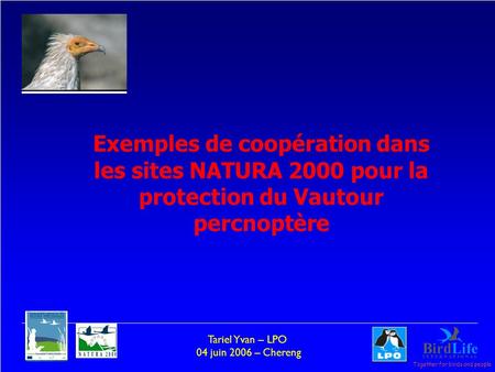 Together for birds and people Tariel Yvan – LPO 04 juin 2006 – Chereng Exemples de coopération dans les sites NATURA 2000 pour la protection du Vautour.