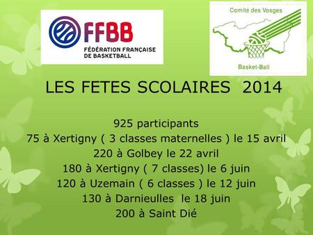 LES FETES SCOLAIRES 2014 925 participants 75 à Xertigny ( 3 classes maternelles ) le 15 avril 220 à Golbey le 22 avril 180 à Xertigny ( 7 classes) le 6.