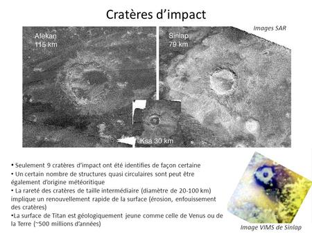 Cratères d’impact Seulement 9 cratères d’impact ont été identifies de façon certaine Un certain nombre de structures quasi circulaires sont peut être également.