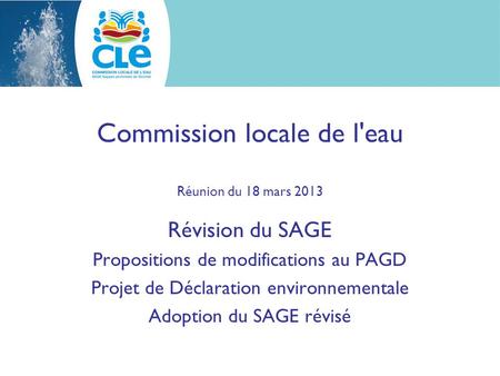 Commission locale de l'eau Réunion du 18 mars 2013 Révision du SAGE Propositions de modifications au PAGD Projet de Déclaration environnementale Adoption.