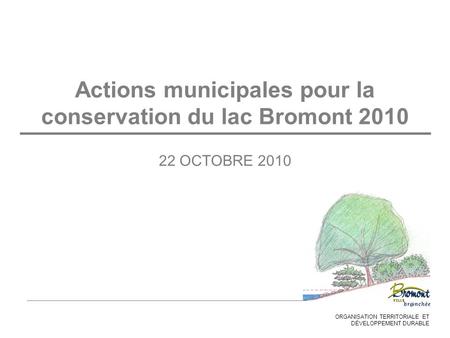 ORGANISATION TERRITORIALE ET DÉVELOPPEMENT DURABLE Actions municipales pour la conservation du lac Bromont 2010 22 OCTOBRE 2010.