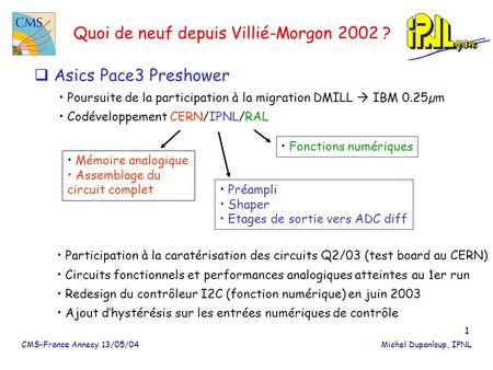 CMS-France Annecy 13/05/04Michel Dupanloup, IPNL 1 Quoi de neuf depuis Villié-Morgon 2002 ?  Asics Pace3 Preshower Poursuite de la participation à la.
