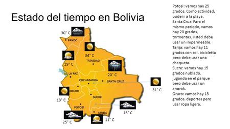 Estado del tiempo en Bolivia 20° C 34° C 25° C 30° C 19° C 15° C 13° C 11° C 31° C Potosi: vamos hay 25 grados. Como actividad, pude ir a la playa. Santa.