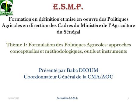 E.S.M.P. Formation en définition et mise en oeuvre des Politiques Agricoles en direction des Cadres du Ministère de l’Agriculture du Sénégal Thème 1: Formulation.