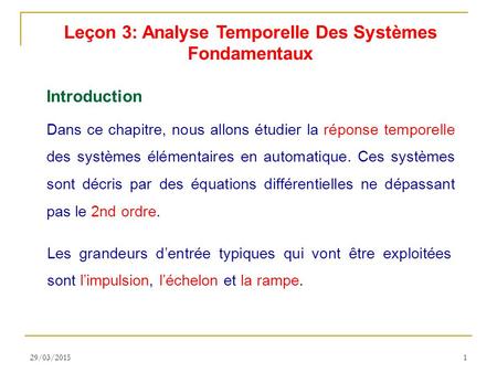 Leçon 3: Analyse Temporelle Des Systèmes