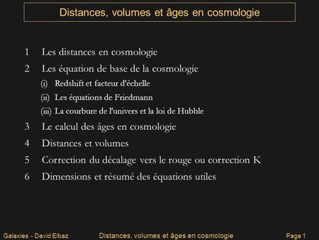 Distances, volumes et âges en cosmologie