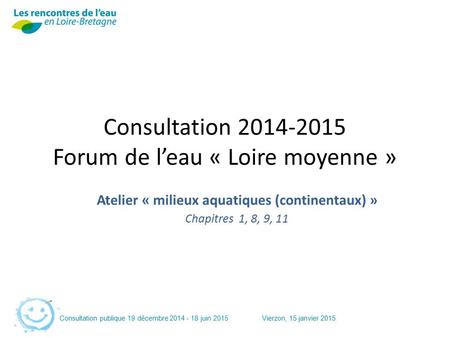 Consultation publique 19 décembre 2014 - 18 juin 2015Vierzon, 15 janvier 2015 Consultation 2014-2015 Forum de l’eau « Loire moyenne » Atelier « milieux.