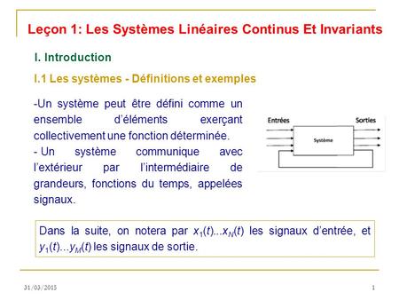 Leçon 1: Les Systèmes Linéaires Continus Et Invariants