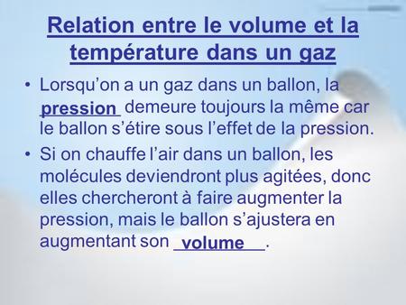 Relation entre le volume et la température dans un gaz