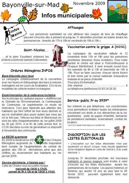 Bayonville-sur-Mad Novembre 2009 Infos Mairie Infos municipales INSCRIPTION SUR LES LISTES ÉLECTORALES « L'inscription sur les listes électorales n'est.