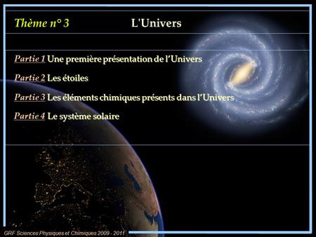 Thème n° 3 L'Univers Partie 1 Une première présentation de l’Univers