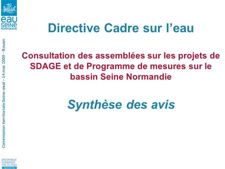 Commission territoriale Seine-aval – 14 mai 2009 - Rouen Directive Cadre sur l’eau Consultation des assemblées sur les projets de SDAGE et de Programme.