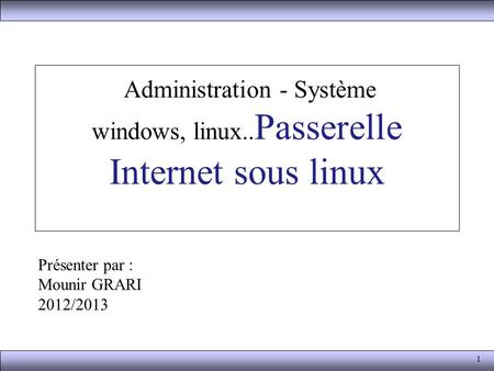 Administration - Système windows, linux..Passerelle Internet sous linux Présenter par : Mounir GRARI 2012/2013.