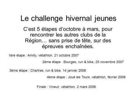 Le challenge hivernal jeunes C’est 5 étapes d’octobre à mars, pour rencontrer les autres clubs de la Région… sans prise de tête, sur des épreuves enchaînées.