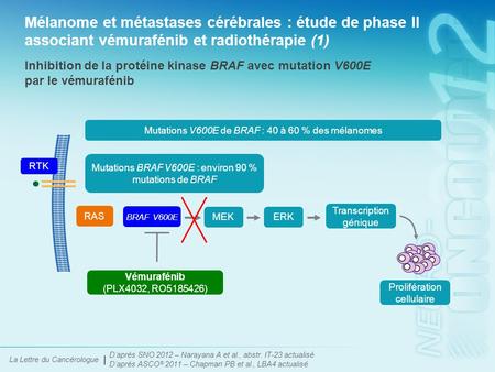 Mélanome et métastases cérébrales : étude de phase II associant vémurafénib et radiothérapie (1) Inhibition de la protéine kinase BRAF avec mutation V600E.