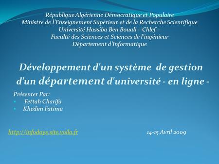 Développement d'un système de gestion d’un département d'université - en ligne - République Algérienne Démocratique et Populaire Ministre de l’Enseignement.