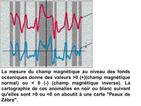 + -- La mesure du champ magnétique au niveau des fonds océaniques donne des valeurs >0 (+)(champ magnétique normal) ou < 0 (-) (champ magnétique inverse).