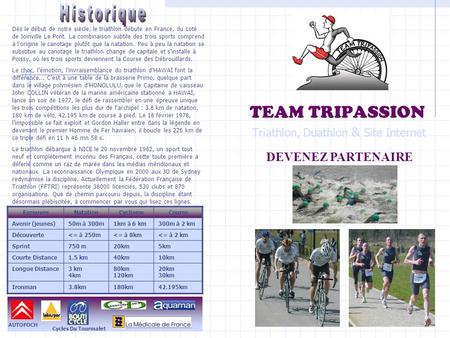 TEAM TRIPASSION Triathlon, Duathlon & Site Internet DEVENEZ PARTENAIRE Dès le début de notre siècle, le triathlon débute en France, du coté de Joinville.