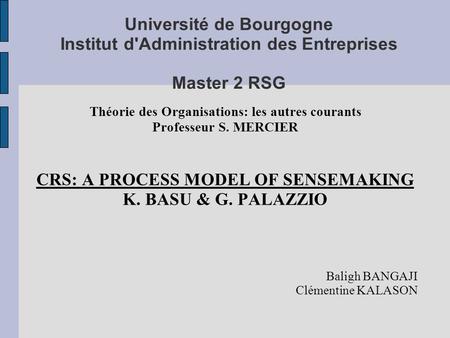 Université de Bourgogne Institut d'Administration des Entreprises Master 2 RSG Théorie des Organisations: les autres courants Professeur S. MERCIER CRS: