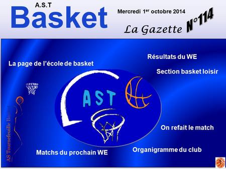 Basket A.S.T La Gazette Mercredi 1 er octobre 2014 1 Matchs du prochain WE La page de l’école de basket On refait le match Résultats du WE Organigramme.