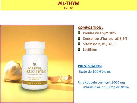 AIL-THYM Ref. 65 COMPOSITION : Poudre de Thym 18%