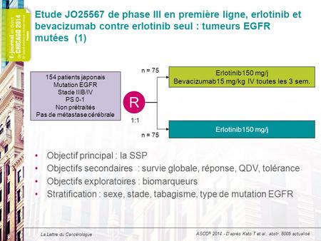 Etude JO25567 de phase III en première ligne, erlotinib et bevacizumab contre erlotinib seul : tumeurs EGFR mutées (1) n = 75 Erlotinib150 mg/j Bevacizumab15.