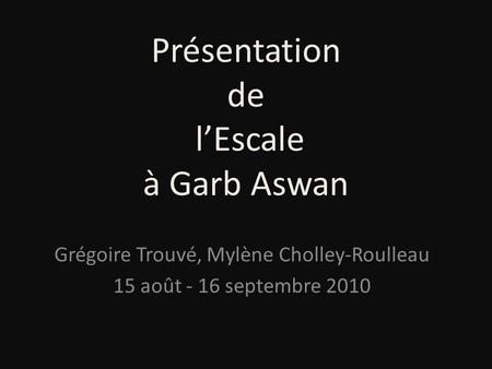 Présentation de l’Escale à Garb Aswan Grégoire Trouvé, Mylène Cholley-Roulleau 15 août - 16 septembre 2010.