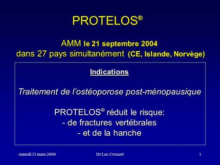 PROTELOS® AMM le 21 septembre 2004 dans 27 pays simultanément (CE, Islande, Norvège) Indications Traitement de l’ostéoporose post-ménopausique.