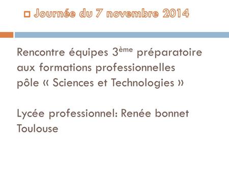 Journée du 7 novembre 2014 Rencontre équipes 3ème préparatoire aux formations professionnelles pôle « Sciences et Technologies » Lycée professionnel: