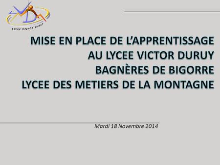 MISE EN PLACE DE L’APPRENTISSAGE AU LYCEE VICTOR DURUY BAGNèRES DE BIGORRE LYCEE DES METIERS DE LA MONTAGNE Mardi 18 Novembre 2014.