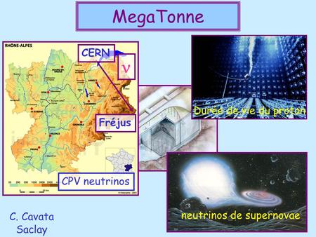 MegaTonne Durée de vie du proton neutrinos de supernovae CERN Fréjus CPV neutrinos C. Cavata Saclay.