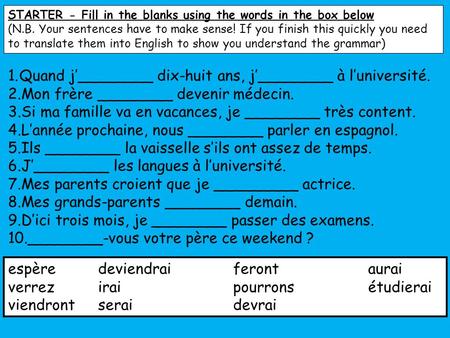 STARTER - Fill in the blanks using the words in the box below (N.B. Your sentences have to make sense! If you finish this quickly you need to translate.