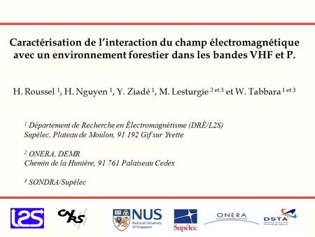 Caractérisation de l’interaction du champ électromagnétique avec un environnement forestier dans les bandes VHF et P. H. Roussel 1, H. Nguyen 1, Y. Ziadé.