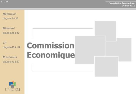 Commission Economique 24 mai 2011 / 58 1 Commission Economique Matériaux diapos 2 à 25 Bâtiment diapos 26 à 42 TP diapos 43 à 52 Prévisions diapos 53 à.