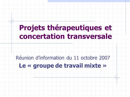 Projets thérapeutiques et concertation transversale Réunion d’information du 11 octobre 2007 Le « groupe de travail mixte »