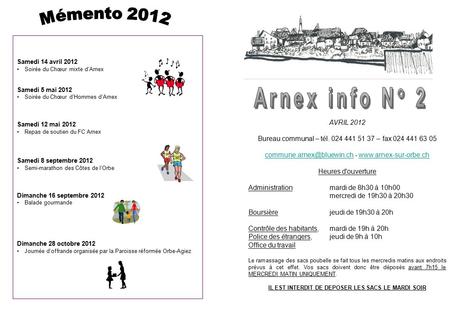 AVRIL 2012 Bureau communal – tél. 024 441 51 37 – fax 024 441 63 05 -