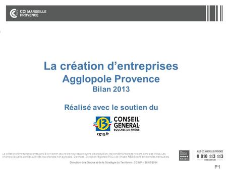 P1 La création d’entreprises Agglopole Provence Bilan 2013 Réalisé avec le soutien du Direction des Etudes et de la Stratégie du Territoire - CCIMP – 26/03/2014.