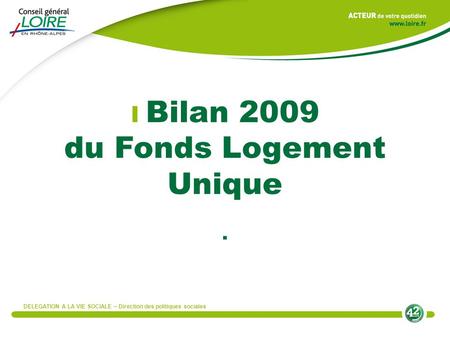 I Bilan 2009 du Fonds Logement Unique. DELEGATION A LA VIE SOCIALE – Direction des politiques sociales.
