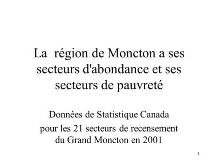 1 La région de Moncton a ses secteurs d'abondance et ses secteurs de pauvreté Données de Statistique Canada pour les 21 secteurs de recensement du Grand.