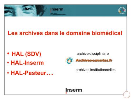 Les archives dans le domaine biomédical HAL (SDV) HAL-Inserm HAL-Pasteur … archives institutionnelles archive disciplinaire.
