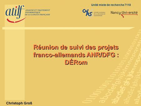 Titre de la diapositive Christoph Groß Unité mixte de recherche 7118 Réunion de suivi des projets.