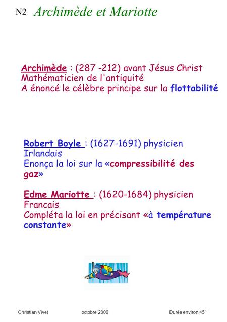 N2 Archimède et Mariotte Christian Vivetoctobre 2006Durée environ 45 ' Archimède : (287 -212) avant Jésus Christ Mathématicien de l'antiquité A énoncé.