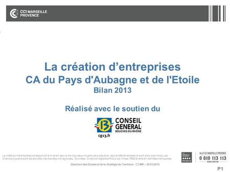 P1 La création d’entreprises CA du Pays d'Aubagne et de l'Etoile Bilan 2013 Réalisé avec le soutien du Direction des Etudes et de la Stratégie du Territoire.
