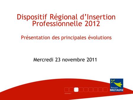 Dispositif Régional d’Insertion Professionnelle 2012 Présentation des principales évolutions Mercredi 23 novembre 2011.