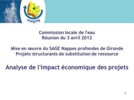 1 Commission locale de l'eau Réunion du 3 avril 2012 Mise en œuvre du SAGE Nappes profondes de Gironde Projets structurants de substitution de ressource.