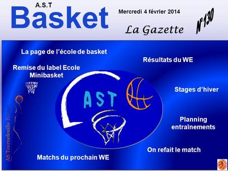 Basket A.S.T La Gazette Mercredi 4 février 2014 1 Matchs du prochain WE Résultats du WE La page de l’école de basket Stages d’hiver On refait le match.