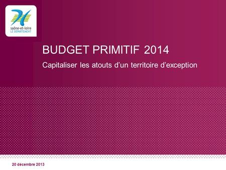 BUDGET PRIMITIF 2014 Capitaliser les atouts d’un territoire d’exception 20 décembre 2013.